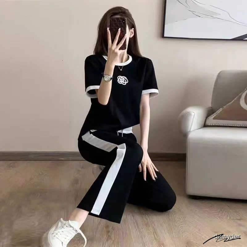 Designer Casual Sports Suit For Women Summer Thin Street Fashionable Trendy Youthful Wide-Leg Pants Fashion Two-Piece Set ddmyDec