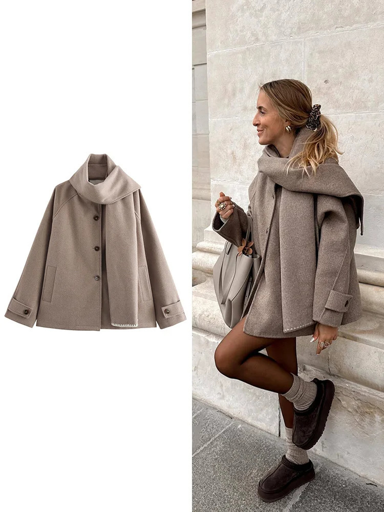 TRAF Womens Premium Scarf Trimmed Button Long Sleeve Jacket Solid Colour Fashion Tweed Temperament Clothing 250906