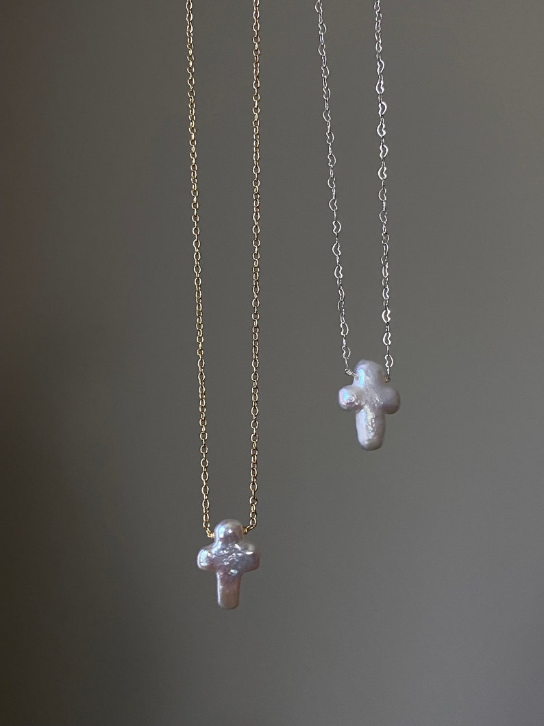 Minimalist White Baroque Cross Pearl Dainty Her Religious Necklace Gift for Shower