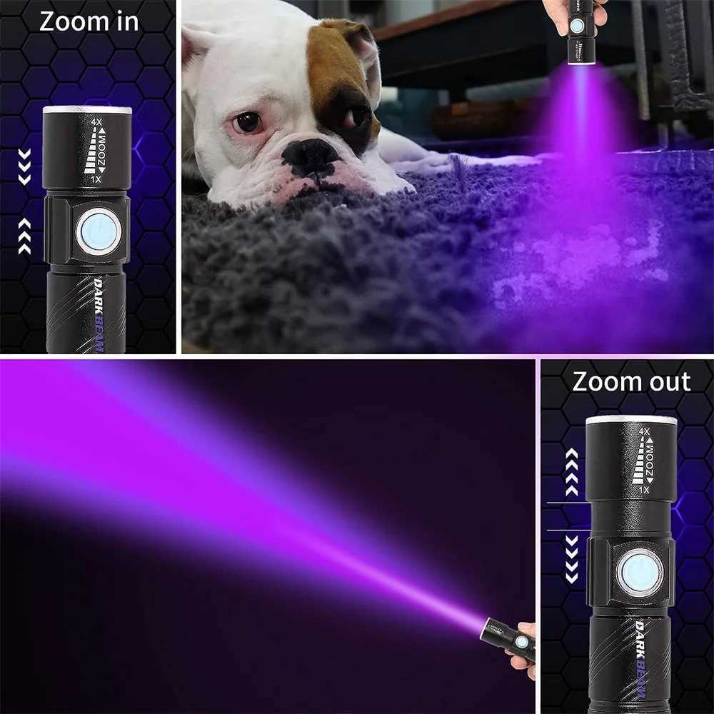 UV Light Rechargeable USB Flashlight 395nm Blacklight Ultraviolet Lamp LED Portable Mini Handheld Torch Dog Urine Stain Detector C250915