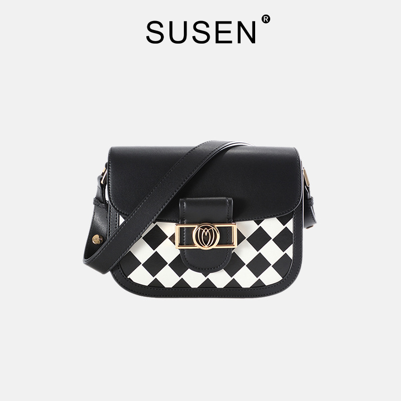 SUSEN checkerboard saddle bag 2025 new crossbody bag women's spring and summer retro niche texture one-shoulder saddle bag