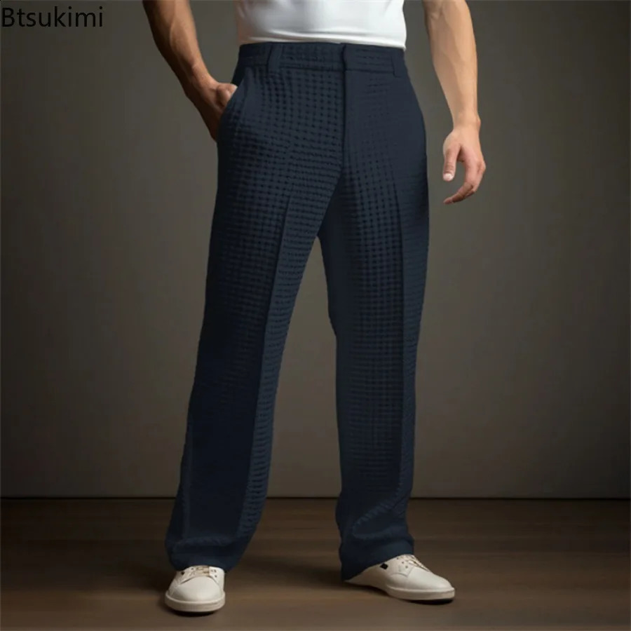 Mens Elegant Waffle Suit Pants Solid Loose Straight Trousers Business Social Dress Casual Vacation for Men 251023
