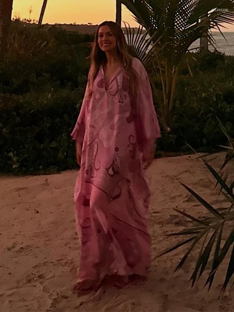 Casual Dresses Oversized Women's Print Kaftan Maxi Dress With Pink Pattern Loose Fit Full Sleeve Long Summer Beach Vacation Outfit Robe