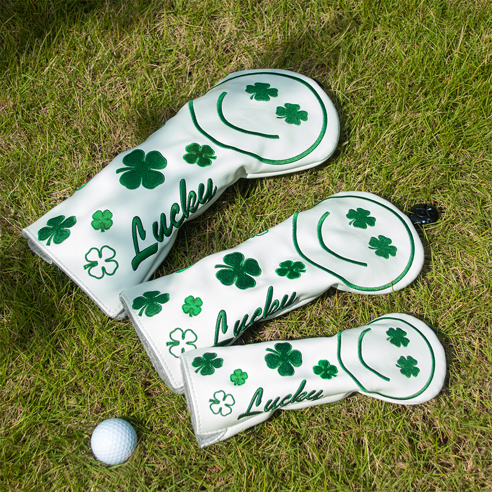 Golf Headcover Set White PU Green Four-leaf Clover Smile Driver Fairway Hybrid Head Cover Wood Cover Club Golf Head Cover Driver Cover