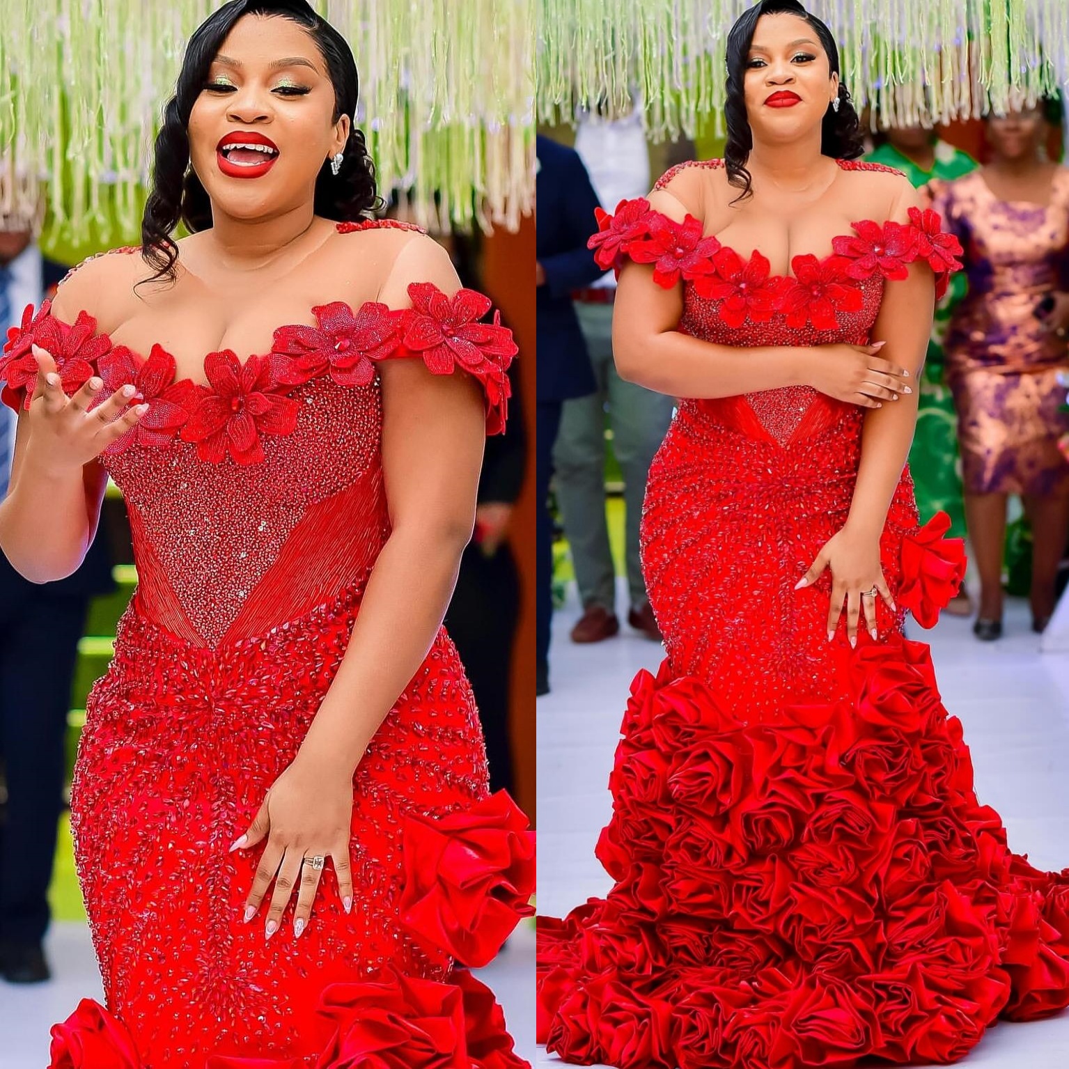 Aso Ebi Red Mermaid Prom Dresses 2025 Flowers Crystals Sheer Neck Evening Formal Party Second Birthday Engagement Gowns Plus Size Dress For Special Oc