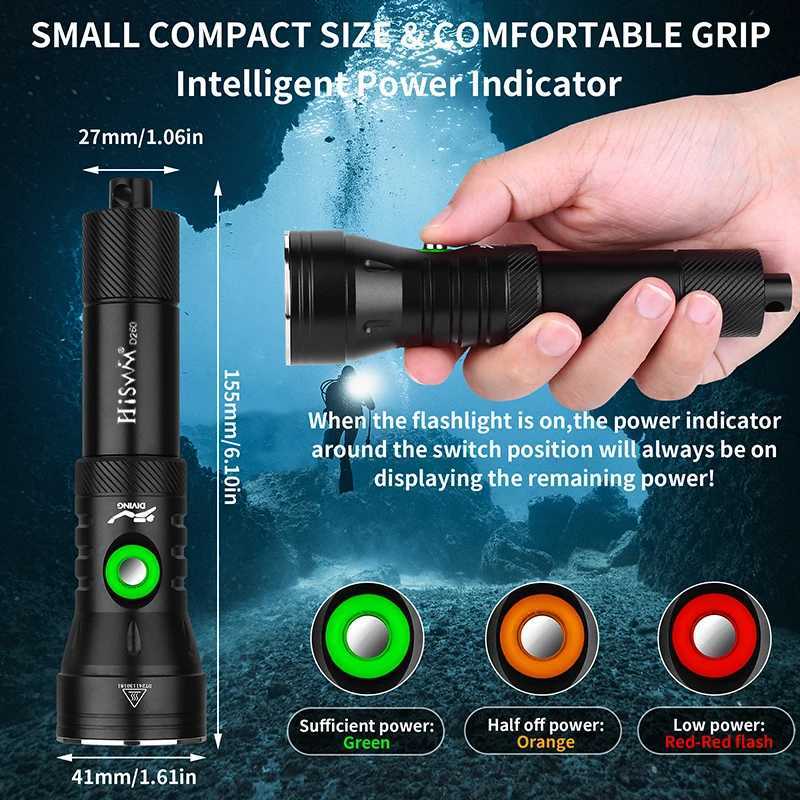 HISWN D260 Professional Scuba Diving Flashlight 2000LM Ultra bright SFT40 LED 21700 rechargeable lamp Intelligent power display C250915