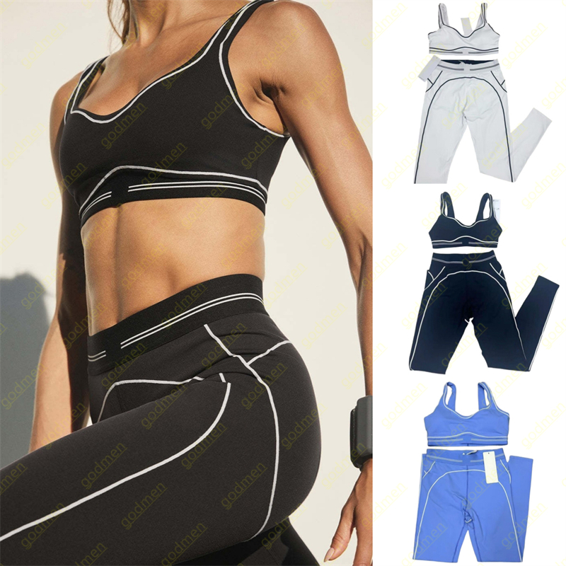Designer Yoga Set Womens Sports Bra+Leggings High-End White Striped LowBack Dance Yoga Outfits Summer Running Fitness Gym Pilates Set Women Clothes Set