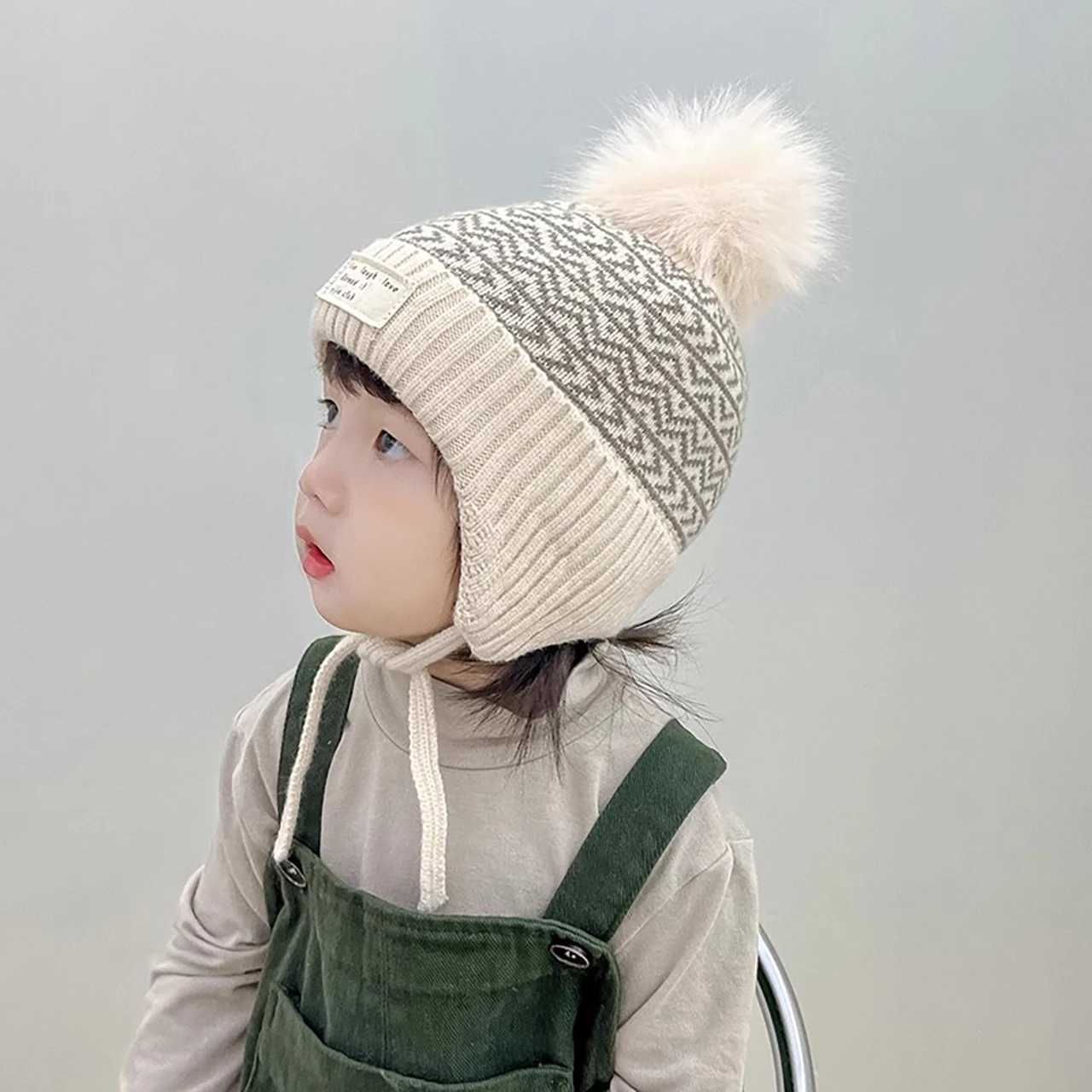 Children Plush Pompom Beanie Winter Warm Kids Ear Protection Cap 26Y Boy Girl Woolen Pullover Cap Fluffy Fur Ball Baby Knit Hat J250915