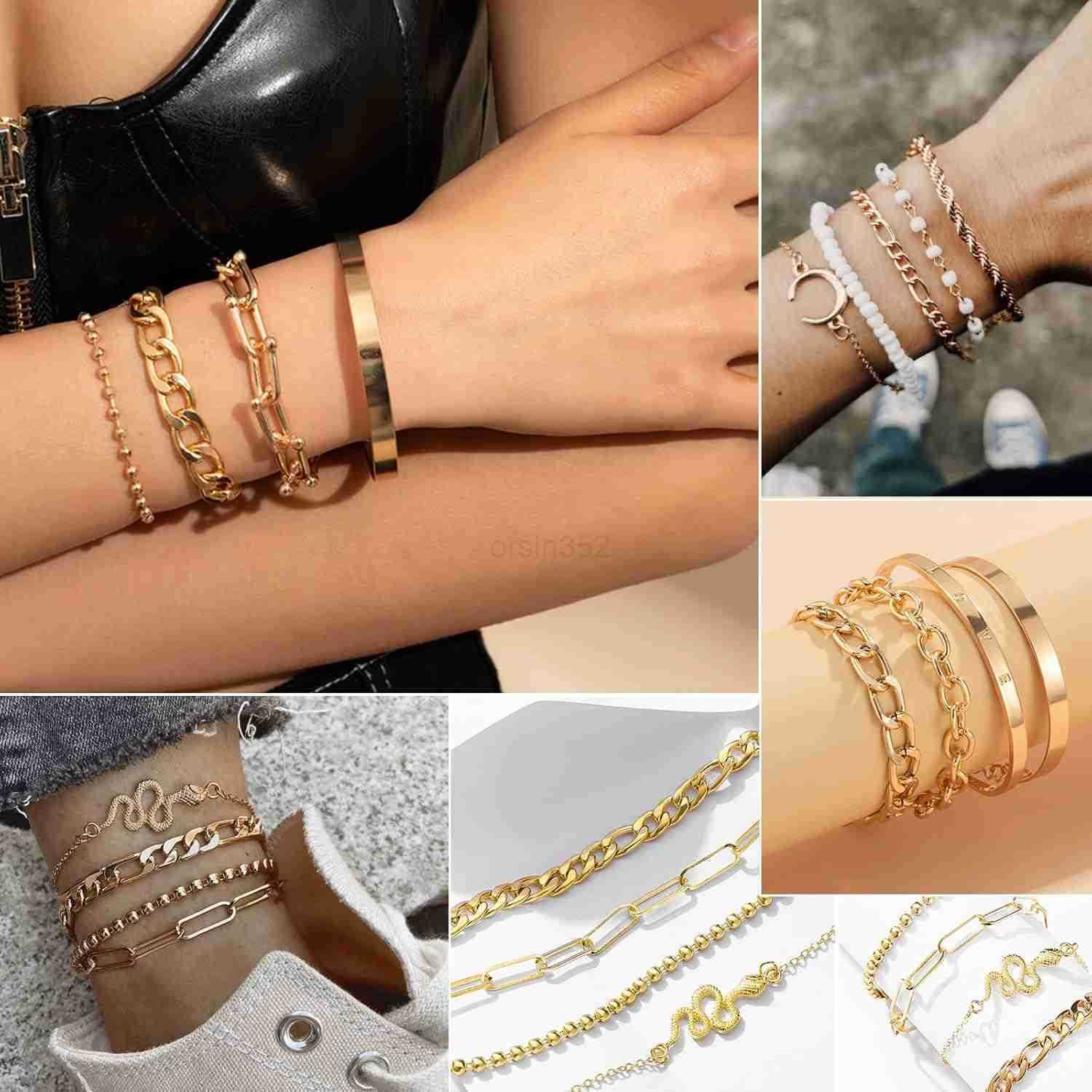 2425 Pcs 6 Pack 14K Gold Ankle Bracelets Set for Women Boho Stackable Bangles Cuff Charm Chunky Wrist Jewelry Y260117