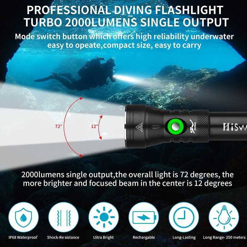 HISWN D260 Professional Scuba Diving Flashlight 2000LM Ultra bright SFT40 LED 21700 rechargeable lamp Intelligent power display C250915