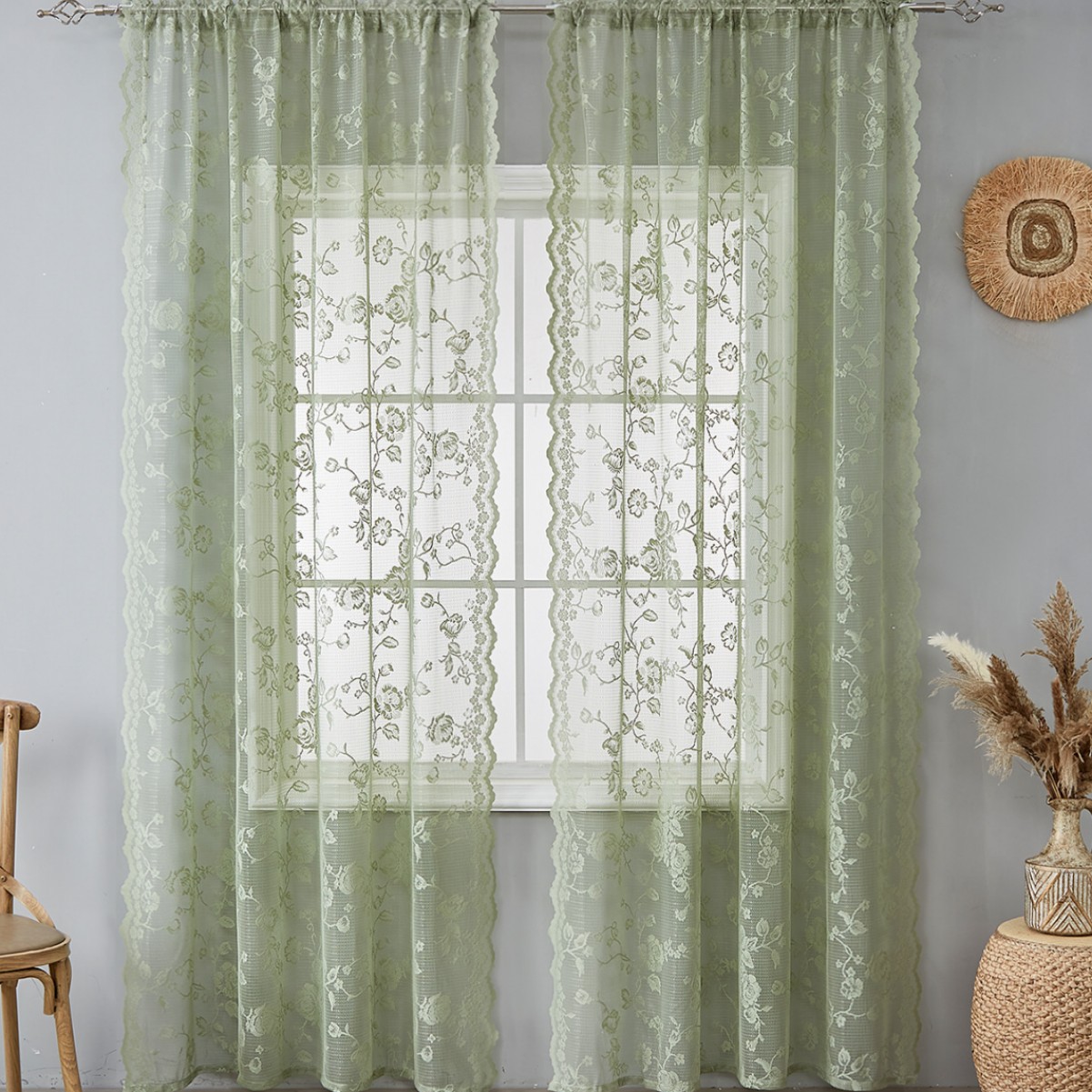 YL-37237 French green kitchen curtains retro American light-transmitting French double-layer lace bedroom partition curtains bay window curtain