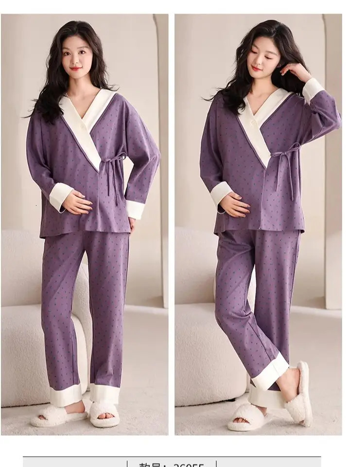 Autumn Postpartum Woman Breastfeeding Pajama Sets Long Sleeve Nursing Top ShirtsPants 2PCSSET Maternity Lactation Clothes Set 250915