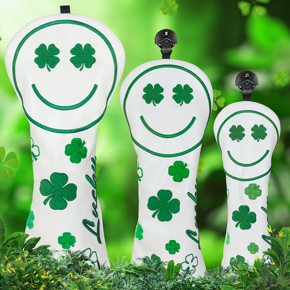 Golf Headcover Set White PU Green Four-leaf Clover Smile Driver Fairway Hybrid Head Cover Wood Cover Club Golf Head Cover Driver Cover