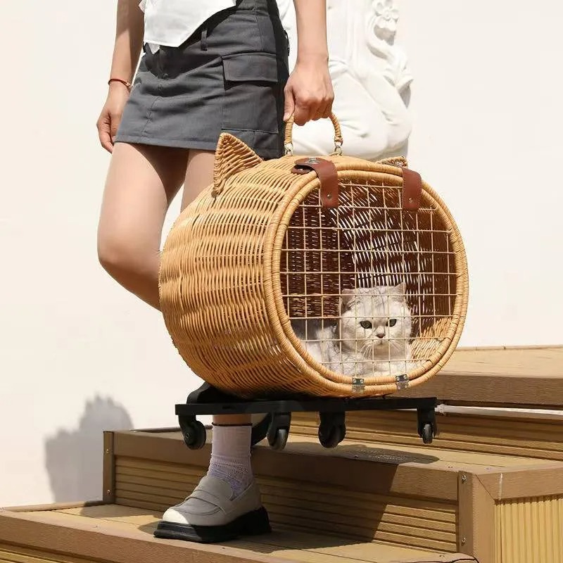 Rattan weaving Durable Wheel-Equipped Animal Transport Tote pet stroller- Ideal for Carrying Cats or Dogs under 20lbs Easily during Travels