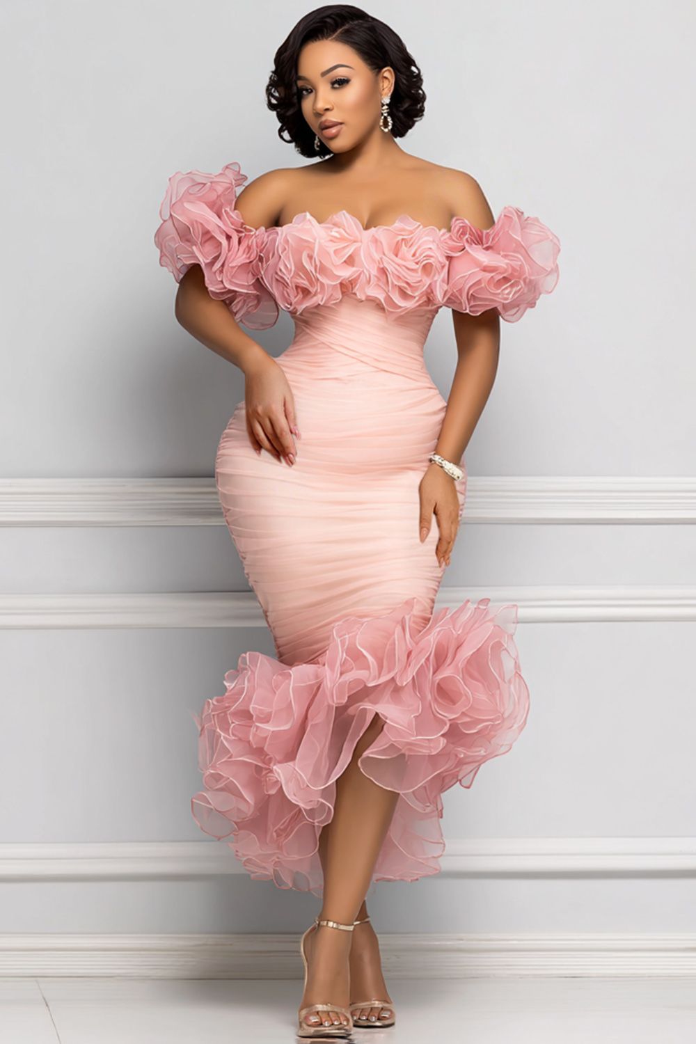 Sexy Pink Off the Shoulder Cocktail Prom Dress Ruffles Sheath Evening Dress Vestidos De Fiesta Exquisite robes de soiree Customized
