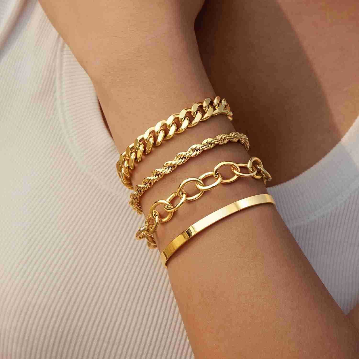 Gold Link Bracelets for Women 14K Real Gold Plated Bangle Cuff Bracelets Set for Women Non Tarnish Dainty Cuban Paperclip Twist Layered Bracelet Stack