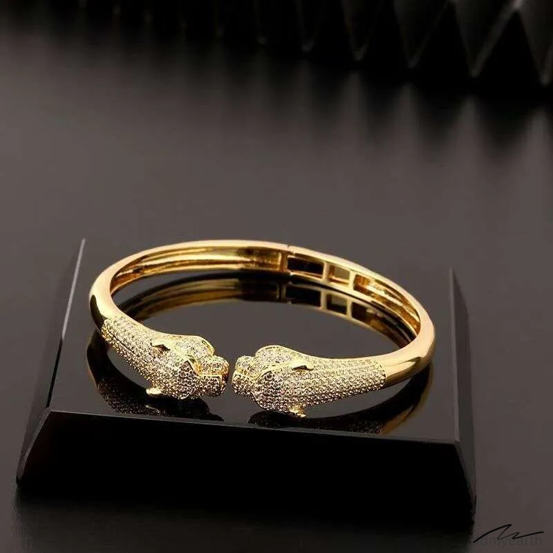 Leopard Print Open Cuff Bracelet - Gold Plated Hip Hop Bangle With Zircon Stones | Animal Jewelry For Women & Men ddmyEarth