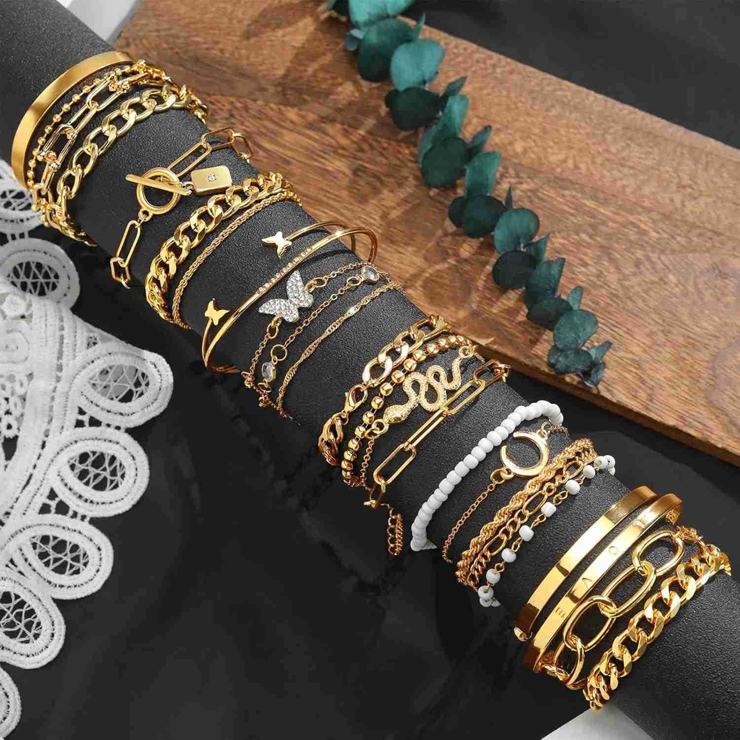 2425 Pcs 6 Pack 14K Gold Ankle Bracelets Set for Women Boho Stackable Bangles Cuff Charm Chunky Wrist Jewelry Y260117