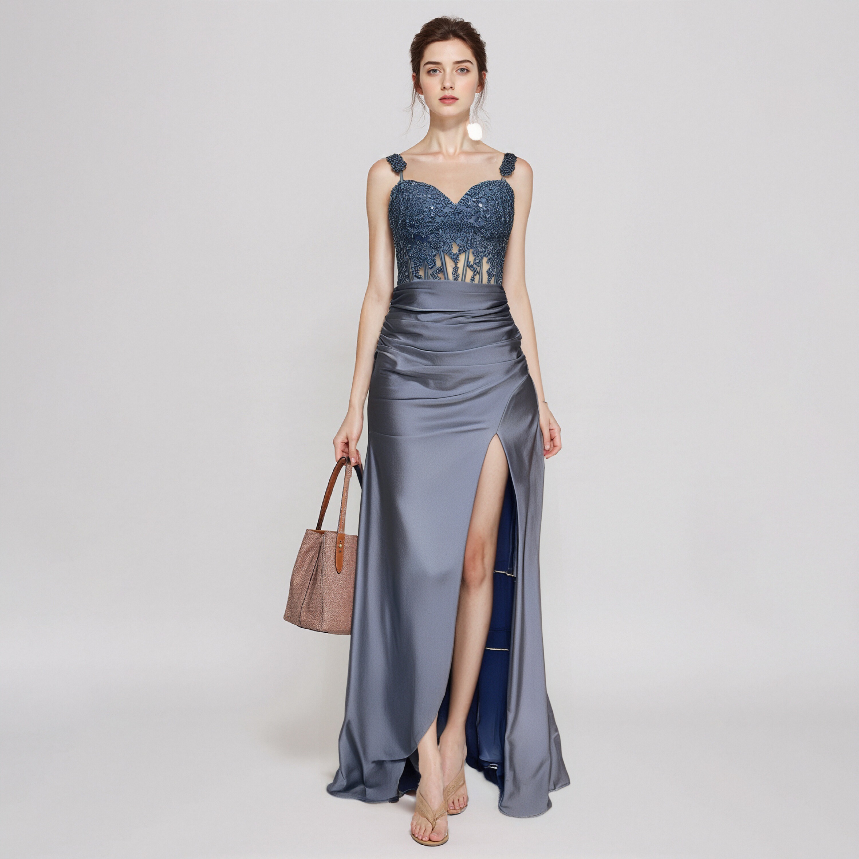 Elegant Sequin-Embellished Spaghetti Strap Mermaid Evening Gown with High Slit