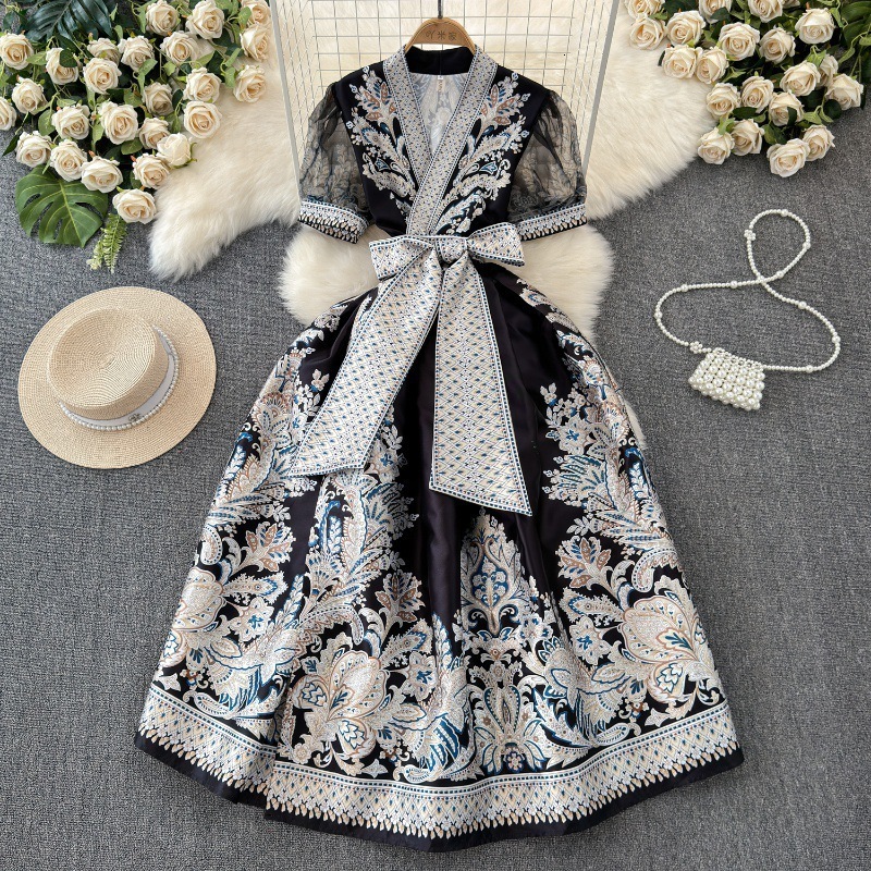 Summer Retro Paisley Print Long Dresses Womens V Neck Short Puff Sleeve Vintage Bandage Lace Up Boho Robe Vestidos Clothes 6269 240819