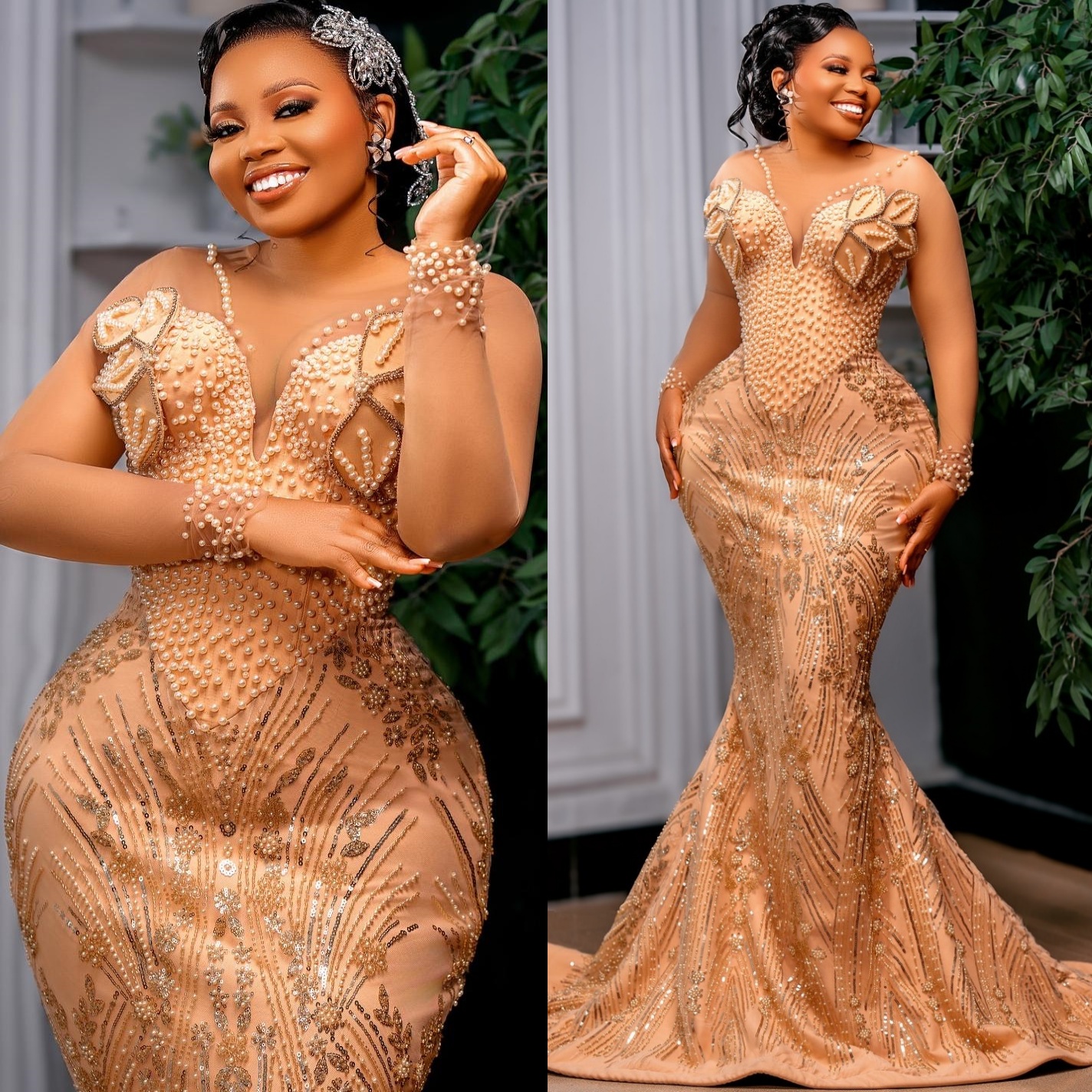 Aso Ebi Champagne Mermaid Prom Dresses 2025 Florals Pearls Sequined Evening Formal Party Second Birthday Engagement Gowns Plus Size Dress For Special 