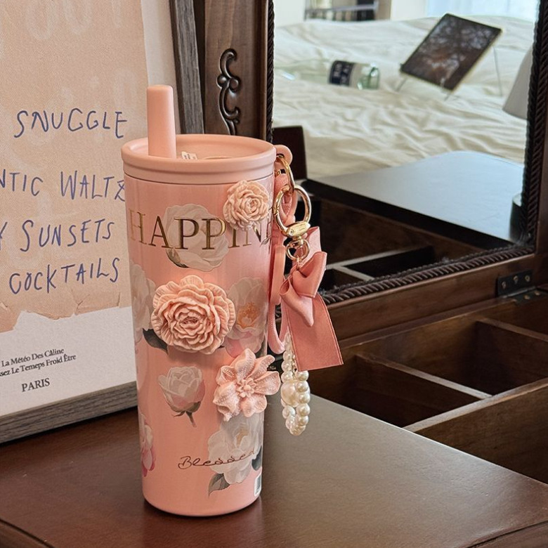 Camellia Ceramic Inner Liner Insulated for Women Coffee Travel Mug Portable Straw Water Cup High Aesthetic New Model 2025