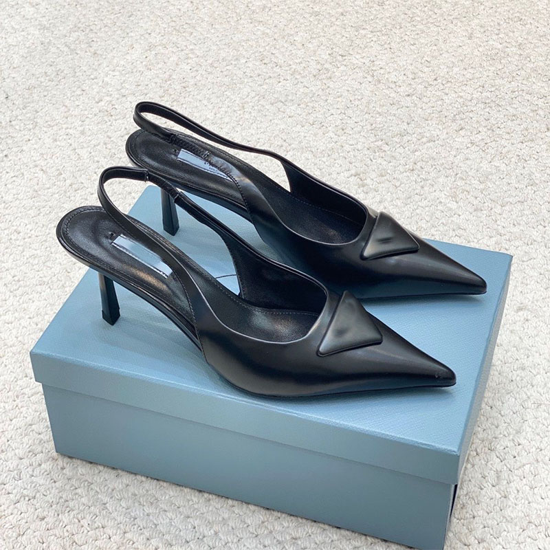 Designer Heels Brushed Leather Slingback Pumps Calfskin Pointy-Toed Slingbacks Sandals Screen-Printed Leather Triangle Logo Daily Outfits Womens Heels