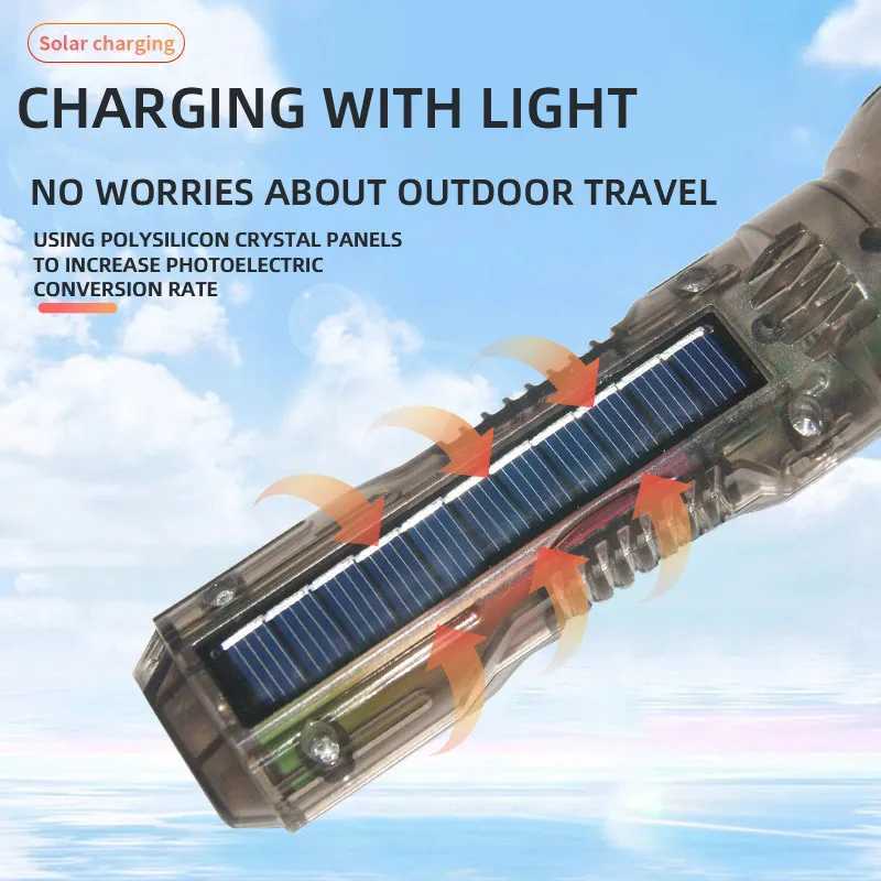 Portable Transparent Flashlight Solar USB Rechargeable Torch 3 Lighting Modes Outdoor Waterproof Adventure Fishing Flashlight C250915