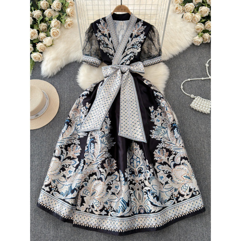 Summer Retro Paisley Print Long Dresses Womens V Neck Short Puff Sleeve Vintage Bandage Lace Up Boho Robe Vestidos Clothes 6269 240819