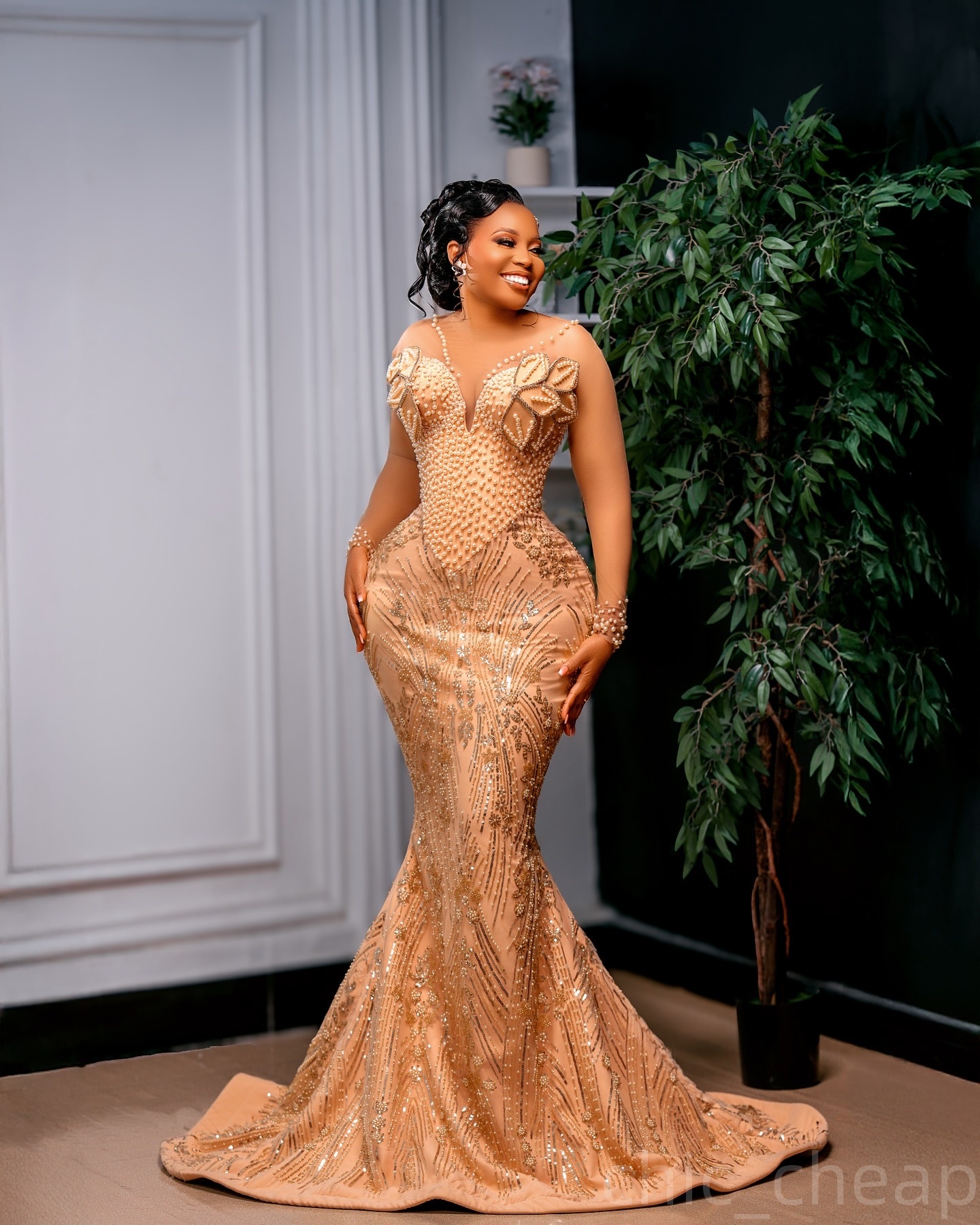 Aso Ebi Champagne Mermaid Prom Dresses 2025 Florals Pearls Sequined Evening Formal Party Second Birthday Engagement Gowns Plus Size Dress For Special 