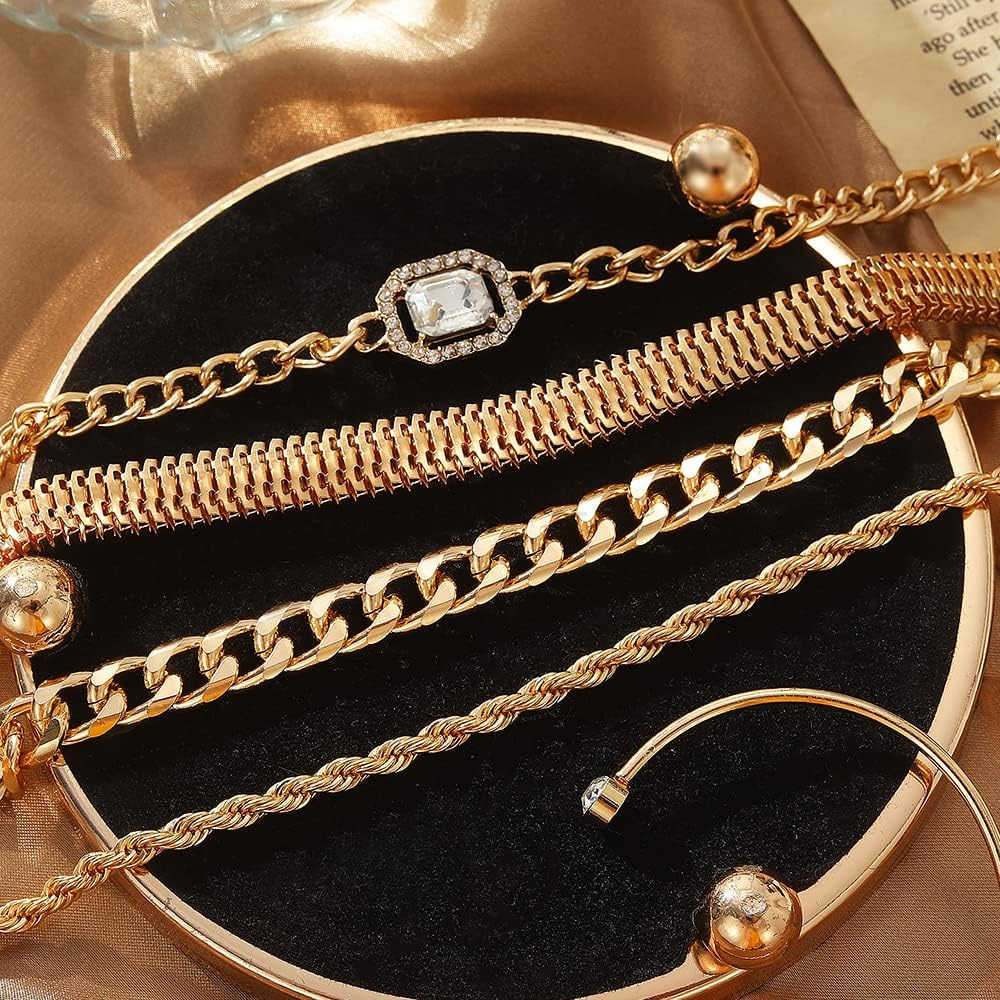 15 Pcs 14K Plated Gold Bracelets Set for Women Multiple Layered Stackable Open Cuff Bangle Adjustable Cuban Link Chain Tennis Bracelet Pack Dainty Cla