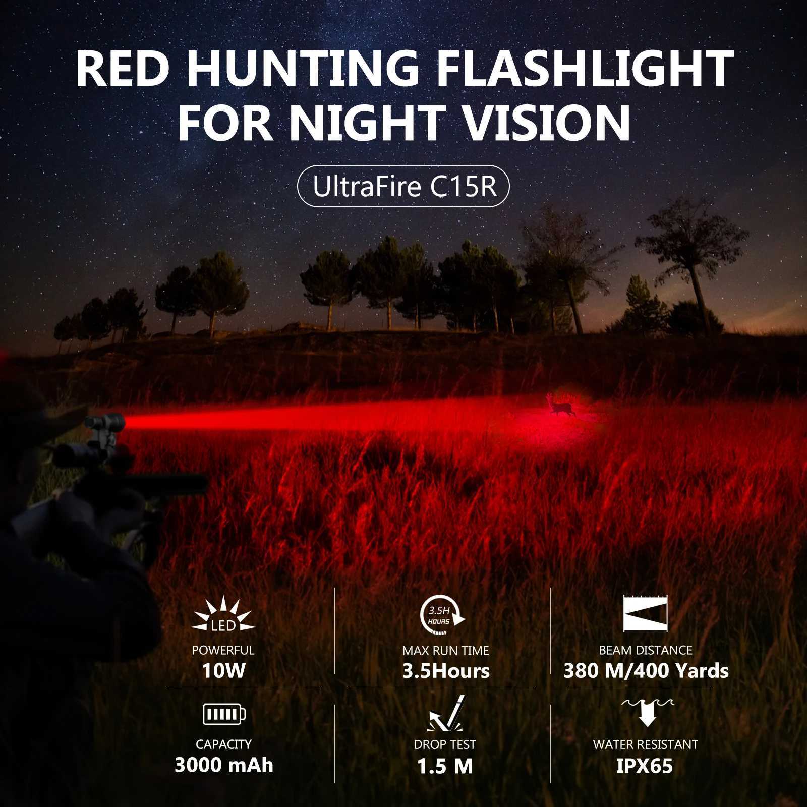 UltraFire C15R Red Light Hunting Flashlight 10W 2 Modes Coyote Light 18650 USB TypeC Rechargeable Predator Varmint Torch Lights C250915