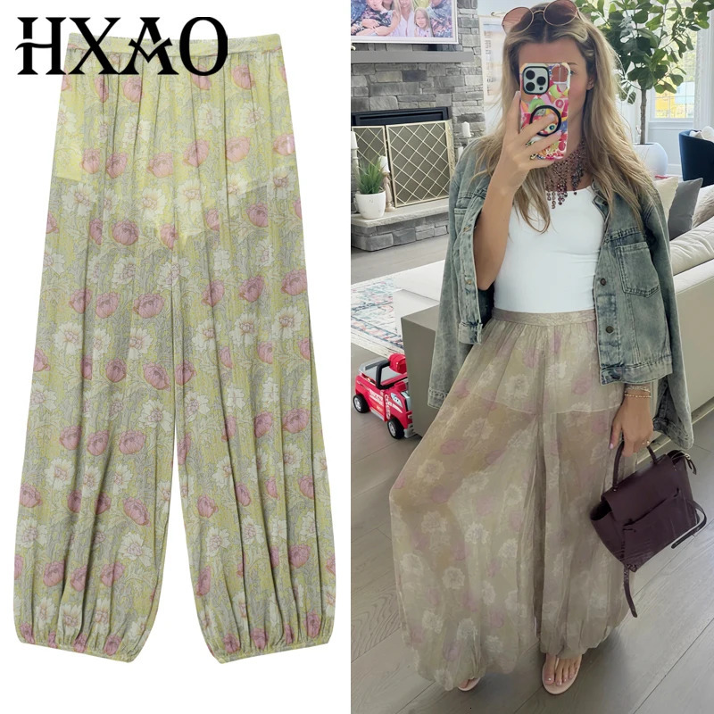 HXAO Womens Pants Print Baggy Pants Summer 2025 High Waist Lantern Wide Leg Pants Oversize Floral Trousers Plus Size Tunic Pant 250915