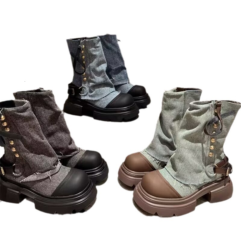 Designer Shoes New Denim Metal Buckle Short Round Toe Thick Sole Casual Ankle Martin Boots Women's Shoes