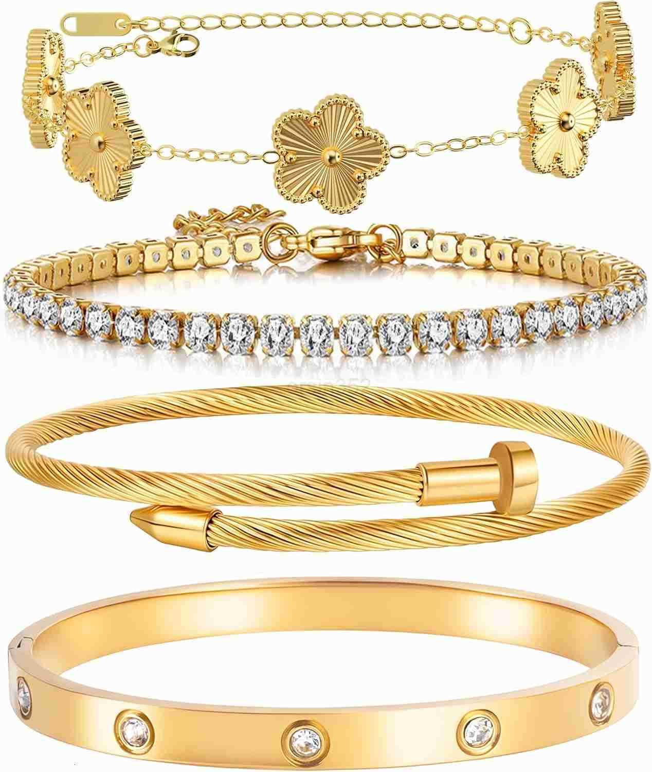 18K Gold Plated Womens Stackable Floral Gold Clover Bracelets Set Love Bangle Bracelets Non Tarnish Gold Bracelet Set Trendy JewelryGifts for Womens D