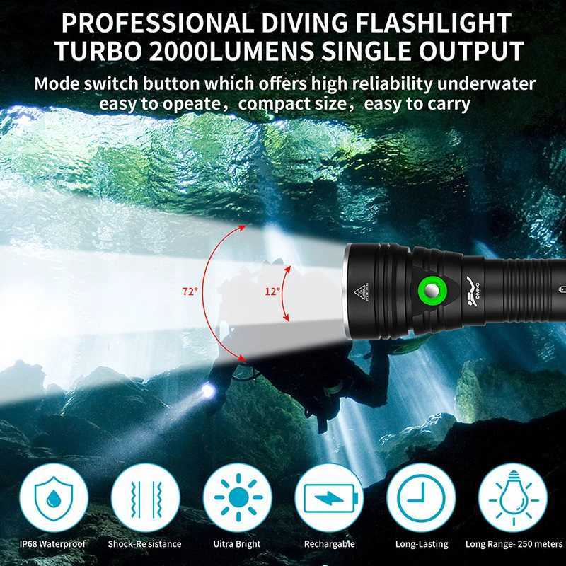 HISWN W76 2000LM P70 LED Diving Flashlight IPX8 18650 rechargeable led flashlight 5 Modes SOS for Scuba Fishing Hiking C250915