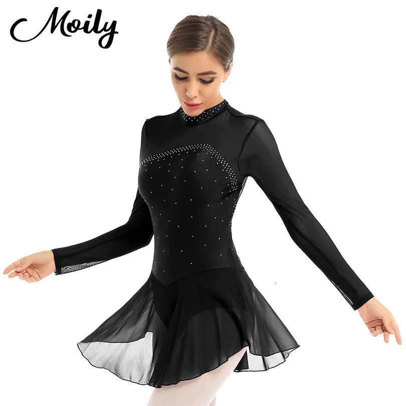 Adults Figure Skating Dress Clothes Mesh Long Sleeves Ballet Dress Ice Skating Dress Gymnastics Leotard Women Dancewear Costumes 250915