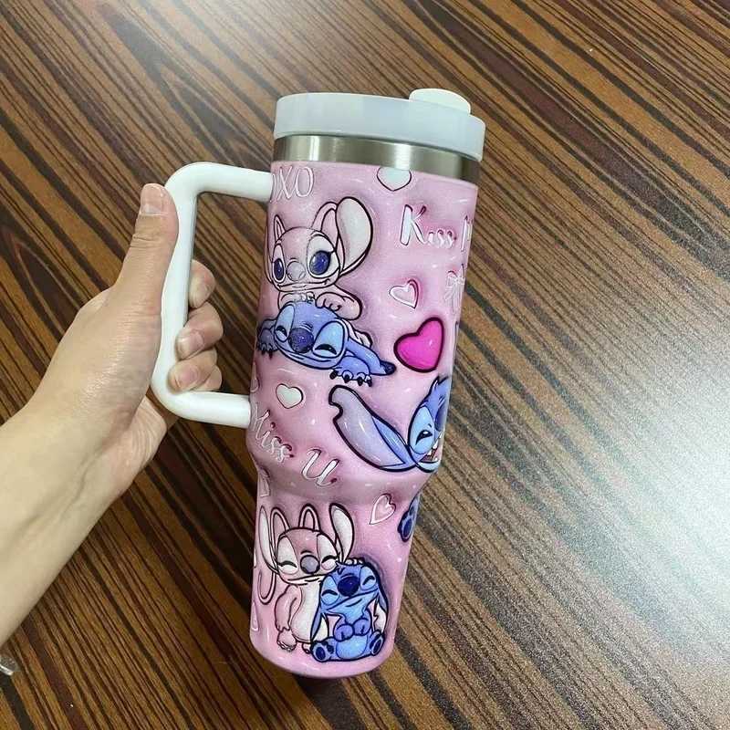 Stitch And Angel Stainless Steel Tumbler Cartoon Comic Thermal Mug With Straws And Lid 40oz Mugs Cup Cold And Hot Water Bottle F250915