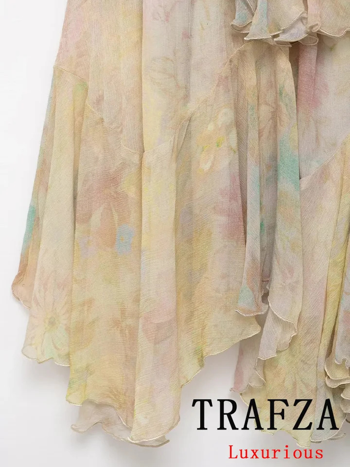 TRAFZA Vintage Flower Print Long Skirts High Waist Ruffles Chiffon Skirts Fashion 2025 Autumn Boho Holiday Party Skirts 250915