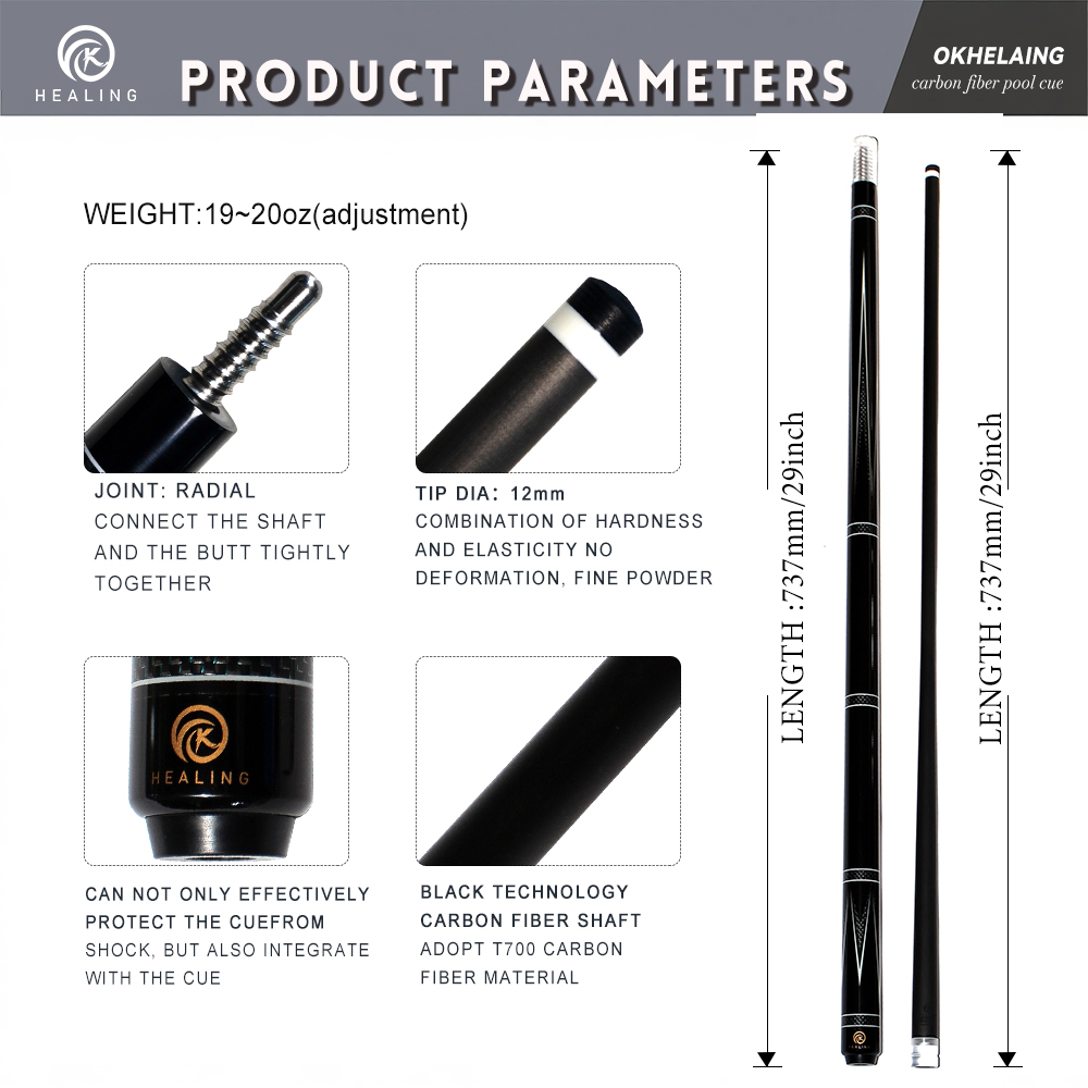 OKHEALING 1/2 Split Carbon Fibre Pool Cue Billiard Cue Stick Tip Diameter 12mm Radial Pin Joint Total Length 1474mm/58inch Weight 19Oz Billiard Stick 