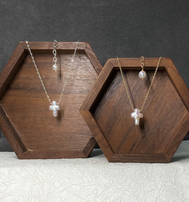 Minimalist White Baroque Cross Pearl Dainty Her Religious Necklace Gift for Shower