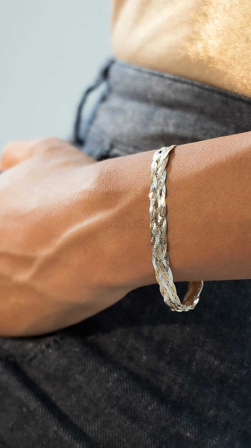 925 Sterling Silver TriColor 18K Gold Plated 6Strand DiamondCut 7mm Braided Herringbone Chain Bracelet for Women Made in ItalyW250915