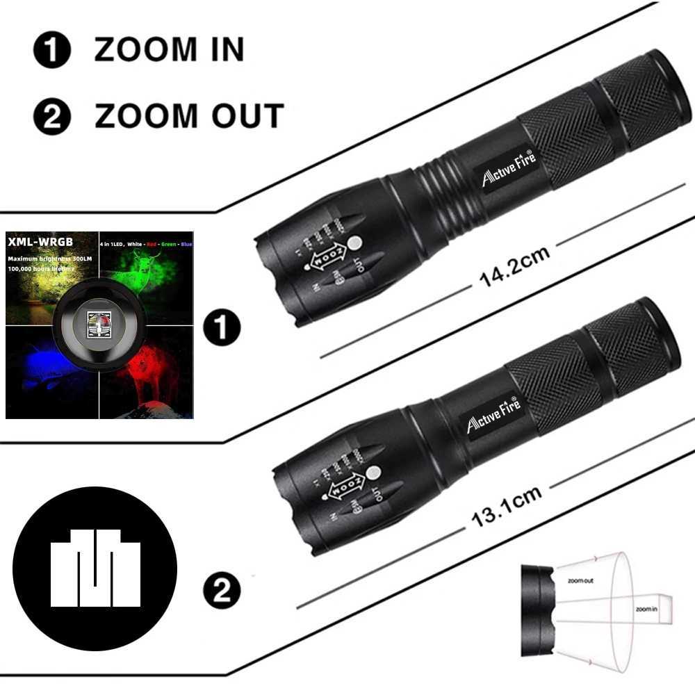 Upgraded Zoomable Red Flashlight 4 Color in 1 Flash Light Green Red Blue White MultiColor RGBW Led with Memory for Fishing C250915