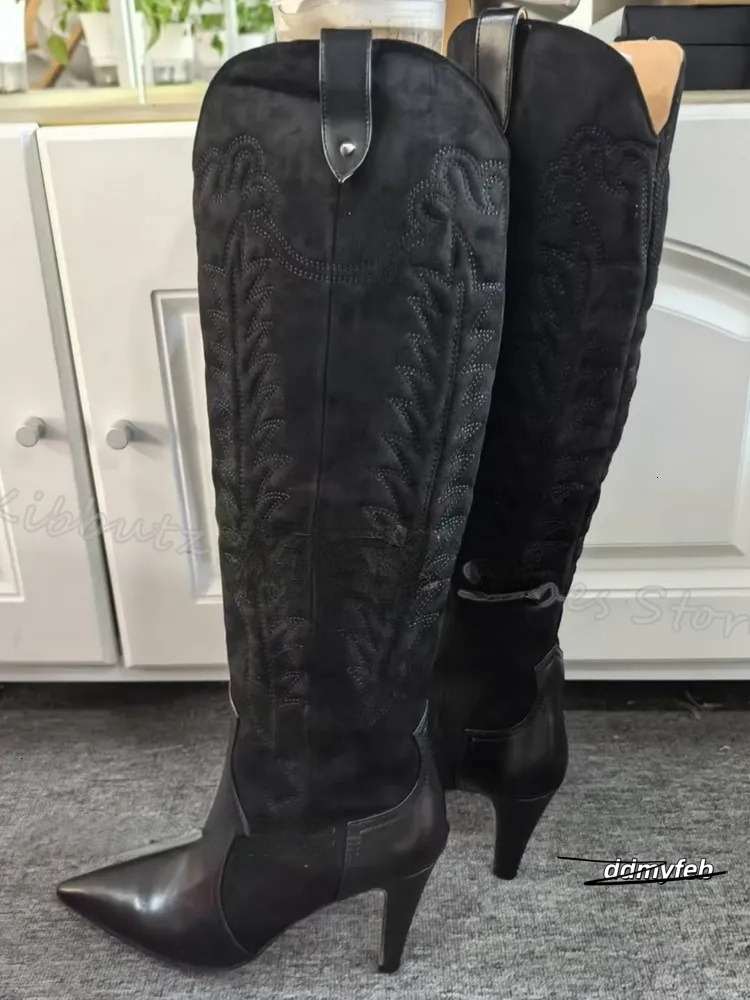 Totem Cowboy Knee High Boots Vintage Concise Elegant Fashion Slip-On Pointed Toe Thin Heels Women Shoes New Solid Color ddmyFeb