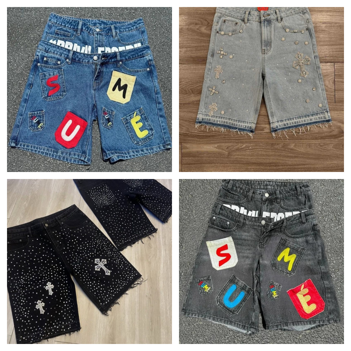Men's Shorts Vintage Letter Denim Women Hip Hop Fake Two Pieces Jorts American Retro Patchwork Baggy Street Short Jeans S-2XL