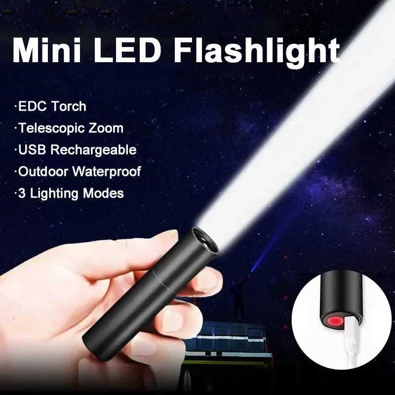 Mini Telescopic Zoom Flashlight 3 Light Mode Torch USB Rechargable Waterproof Powerful Flashlights Outdoor Portable Torch Lamp C250915