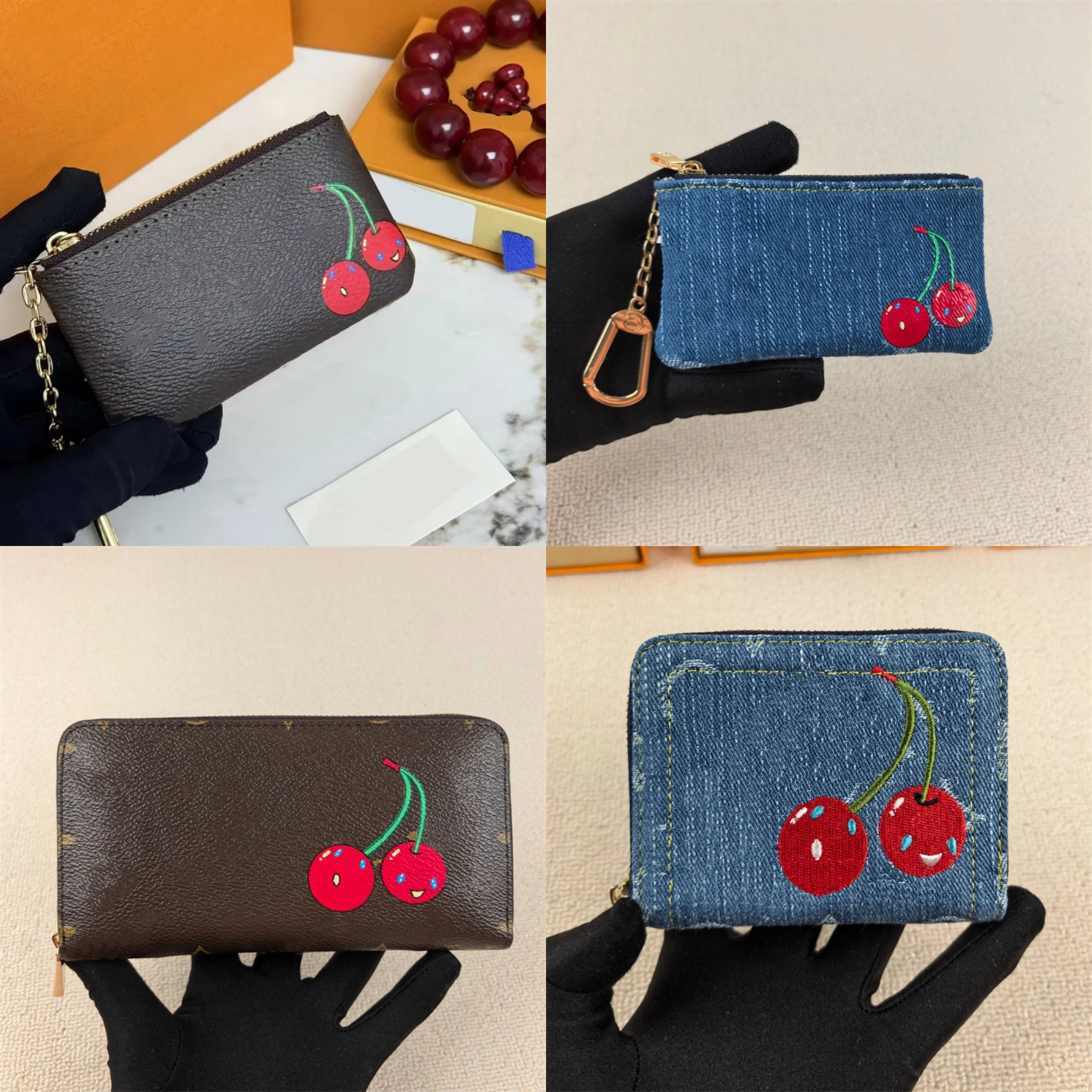 Designer Wallet Blue pink Denim Coin Purses Cherry Mini Purse passport cardholder Women Men brown keychain Leather wallets Luxury fruit Vintage Little Pouch