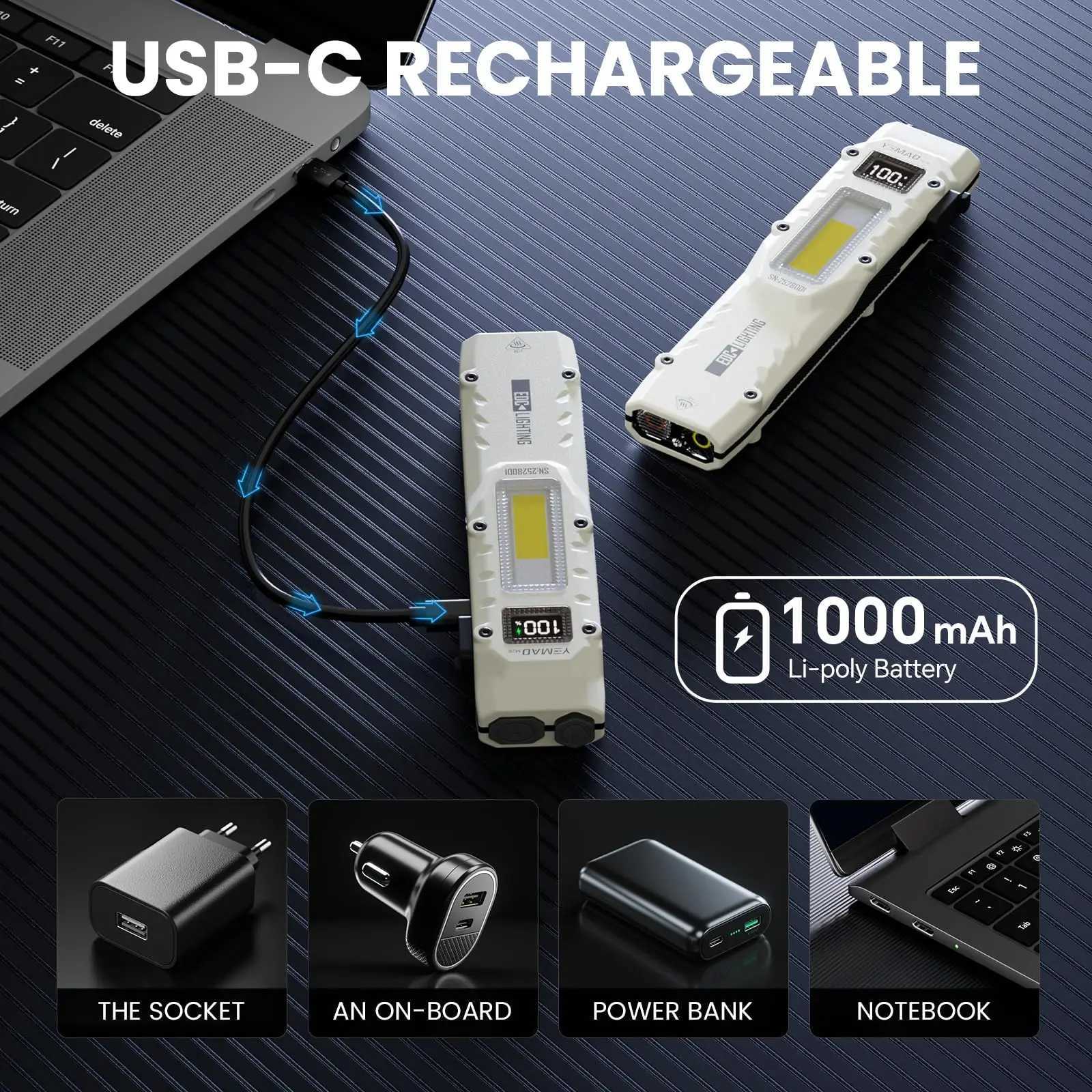 YEMAO M28 Tactical Flashlight 880 Lumens USB Rechargeable LED Flash Light with Spotlight Floodlight Strobe Modes Slim Flat Torch W250915