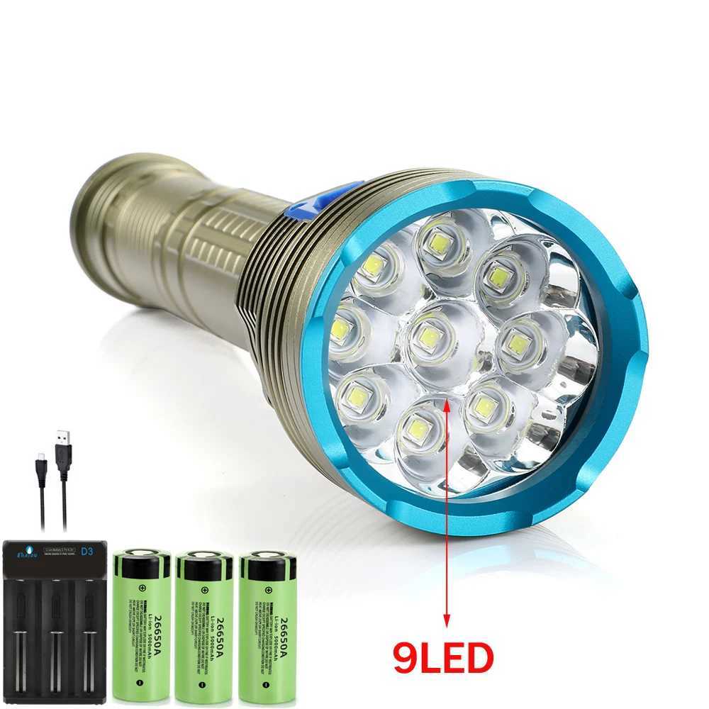 Scuba Flashlight Professional Underwater Diving IPX68 Waterproof Torch 9 LED Light For Caving Snorkeling Spearfishing Lamp C250915