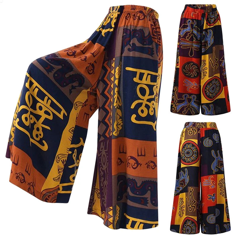 Ethnic Style Wide Leg Trousers Women Yoga Harem Pants Gypsy Hippie Thai Boho Court Pants Ruched Waist Aladdin Womens Pants 250915